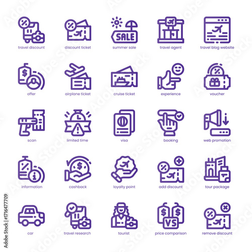 Travel Discount Icon pack for your website, mobile, presentation, and logo design. Travel Discount Icon line basic color design. Vector graphics illustration and editable stroke.