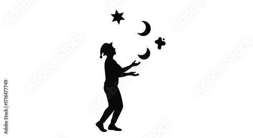 Silhouette of a performer juggling celestial shapes against a white background