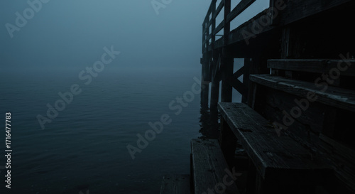 Wooden pier disappearing into tranquil morning mist over water