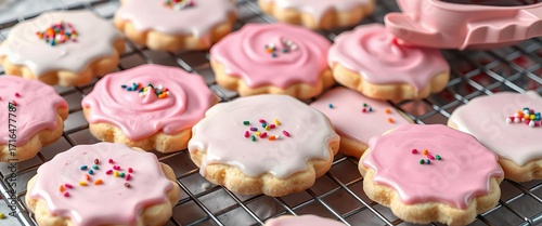 Delicate frosted sugar cookies, pink icing, colorful sprinkles, cooling rack, frosting bowl,  sweet treat,  festive