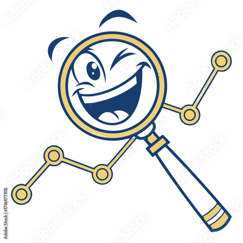Joyful cartoon magnifying glass mascot with a data chart body, winking happily to represent successful research, insightful analysis, and positive business growth trends