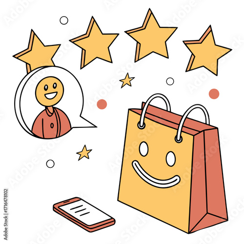 Customer satisfaction and feedback, illustrated with stars, a smiling face in a chat bubble, and a shopping bag, representing positive online reviews and user experience