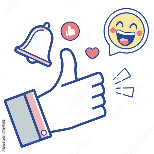 Social media engagement concept showing a thumbs up hand with a notification bell, like button, heart, and laughing emoji icons