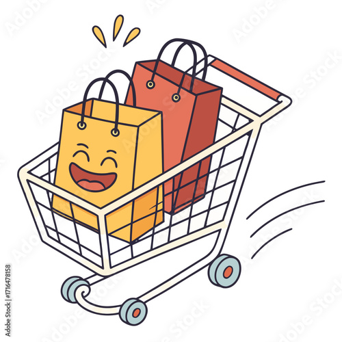 Vibrant cartoon illustration of a dynamic shopping cart rapidly moving with cheerful bags, embodying modern retail efficiency and seamless consumer acquisition