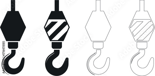 Crane Hook Icons Set Industrial Lifting Equipment in Black and White