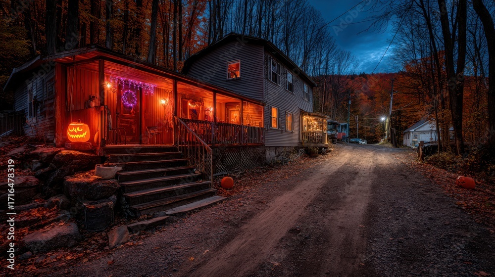 Naklejka premium Halloween pumpkins on the street. Glowing outdoor decorations with pumpkins and orange garlands on the house porch