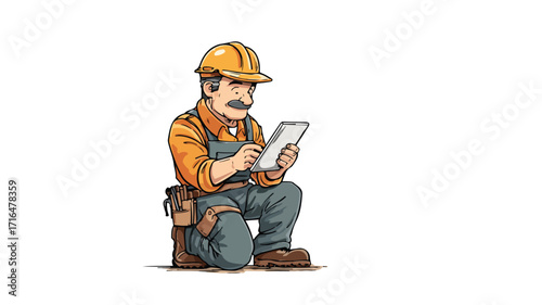 Cartoon Construction Worker Reading Tablet Device at Worksite