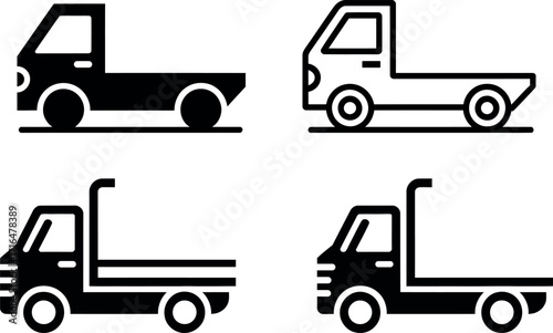 Diverse flatbed truck icon designs ideal for transportation and delivery