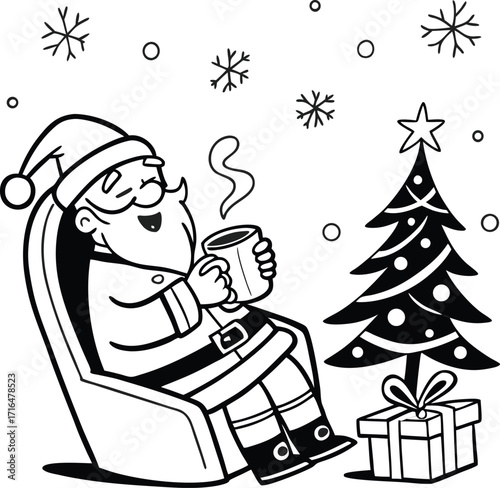 Santa Claus Relaxing with Hot Drink by Christmas Tree, Cozy Holiday Cartoon Illustration