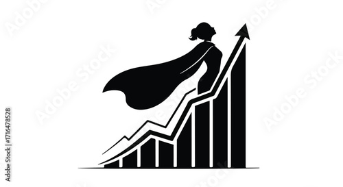 Silhouette of a woman with a cape standing atop a rising graph, symbolizing success and ambition.