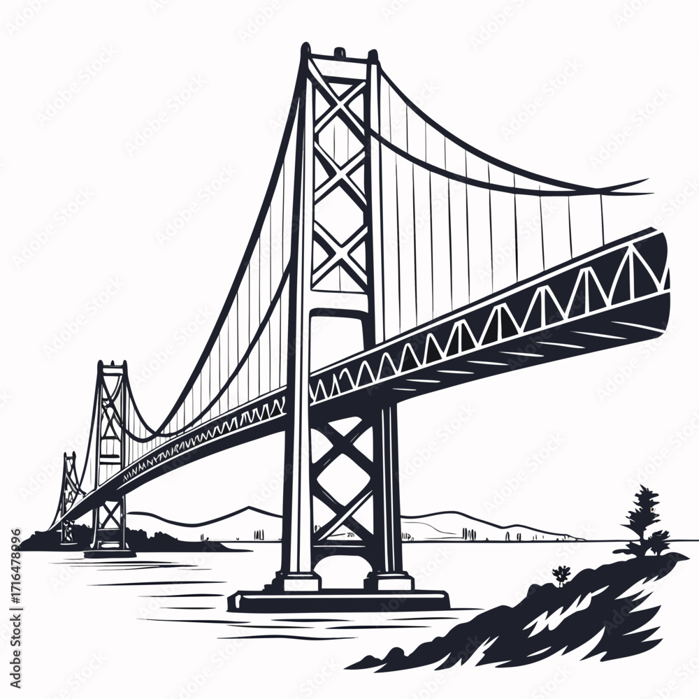 Fototapeta premium Monochrome illustration of a suspension bridge with cables over water and distant shore