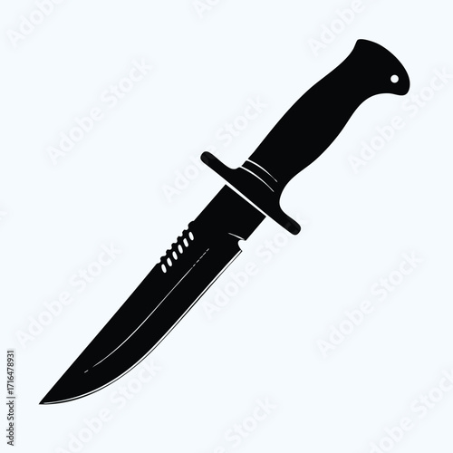 Black silhouette of a tactical combat knife with serrated edge and ergonomic handle isolated on white background