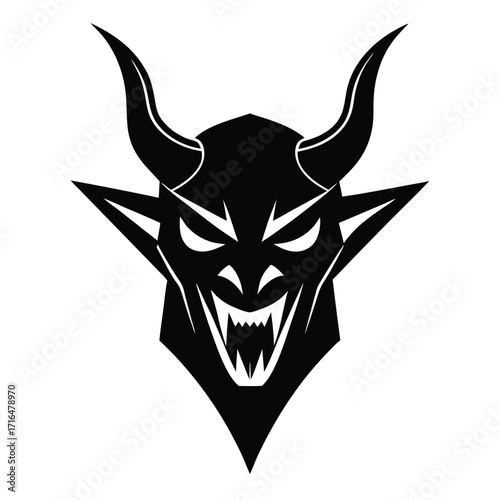 fierce demon face logo with sharp horns flat color illustration