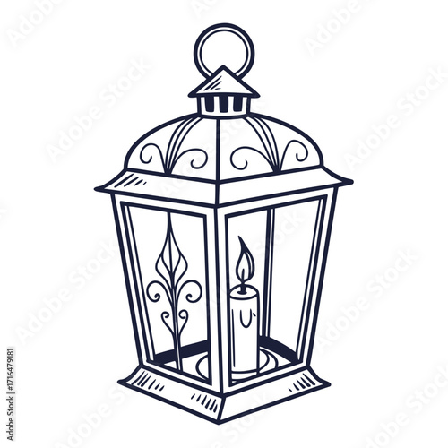 Elegant Lantern Illustration with a Lit Candle Inside - Decorative Antique Design
