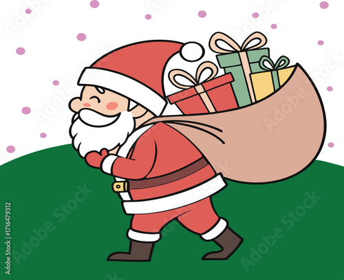 Santa Claus Walking on Green Hill with Gift Sack, Festive Christmas Cartoon Illustration