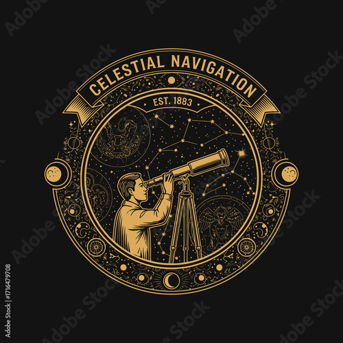 Intricate illustration of a person gazing through a telescope, surrounded by celestial elements.