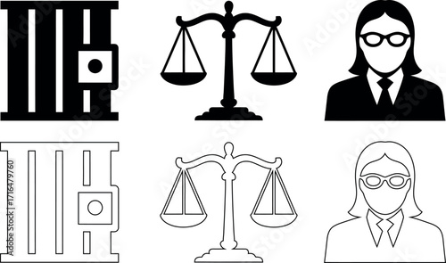 Justice Legal Representation Symbols Featuring Jail Bars Scales and Lawyer Silhouette