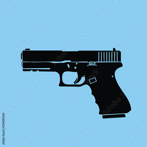 Black silhouette of a modern semi-automatic handgun pistol isolated on a solid blue background in vector style