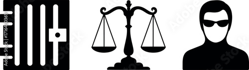 Prison bars scales of justice and shady figure a symbol of corruption
