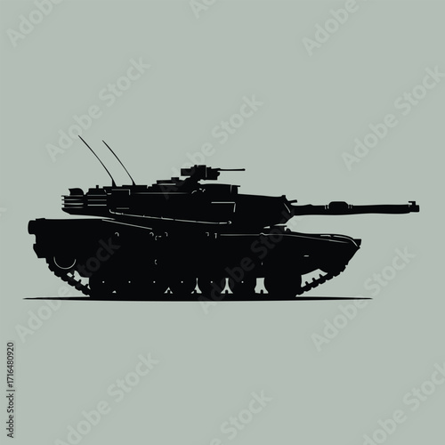 Silhouette of a modern military tank with a long barrel and detailed turret on a plain background