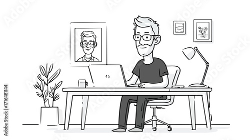 Professional Man Sitting at Desk with Laptop and Picture