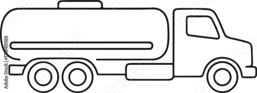 Black outline drawing of a tanker truck with two rear axles on white Keywords: tanker truck, fuel truck, oil