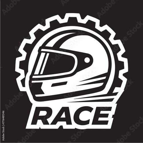Bold vector emblem with a racing helmet and cogwheel, representing the exciting speed, advanced engineering, and competitive spirit of automobile racing and motorsports