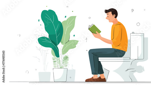 Man Sitting on Toilet Reading Book with Plan - Professional Image Usage