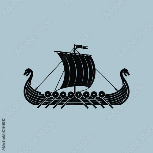 Black silhouette of an ancient Viking longship with dragon heads and a large sail on a muted blue background