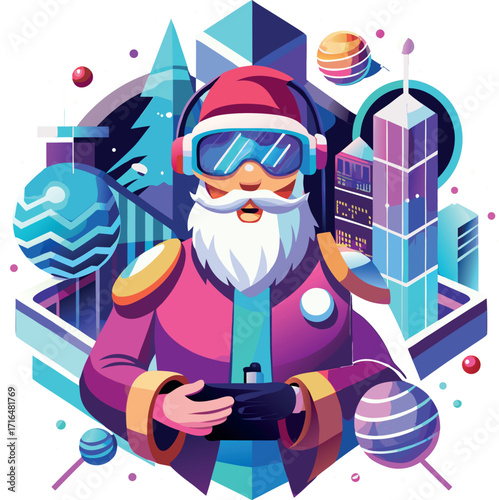 Santa wearing a VR headset, exploring a virtual Christmas world
