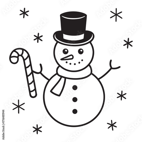 A cheerful cartoon snowman wearing a tall black top hat and a red scarf isolated on white