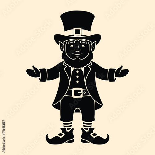 Silhouette of a cheerful leprechaun with open arms wearing traditional hat and buckled shoes on beige background