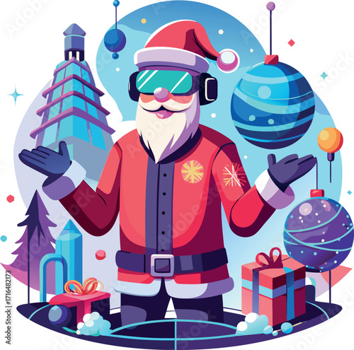 Santa wearing a VR headset, exploring a virtual Christmas world