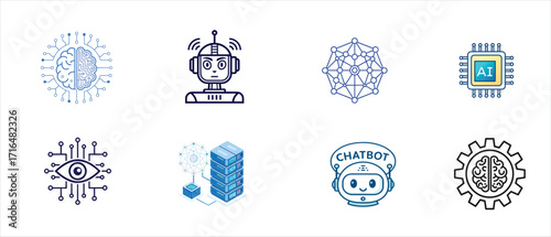 Smart Kitchen and AI Cooking Technology Vector Icon Set with Robot Chef and Modern Culinary Appliances
