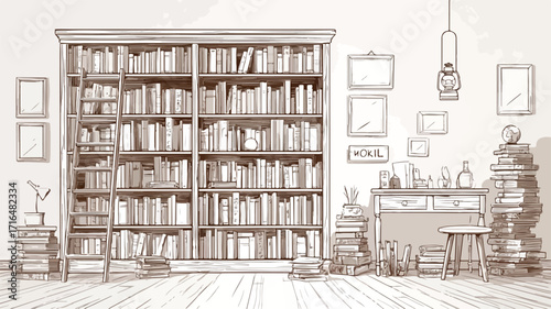 Cozy Room with Floor-to-Ceiling Bookcase Filled with Books and Ladder