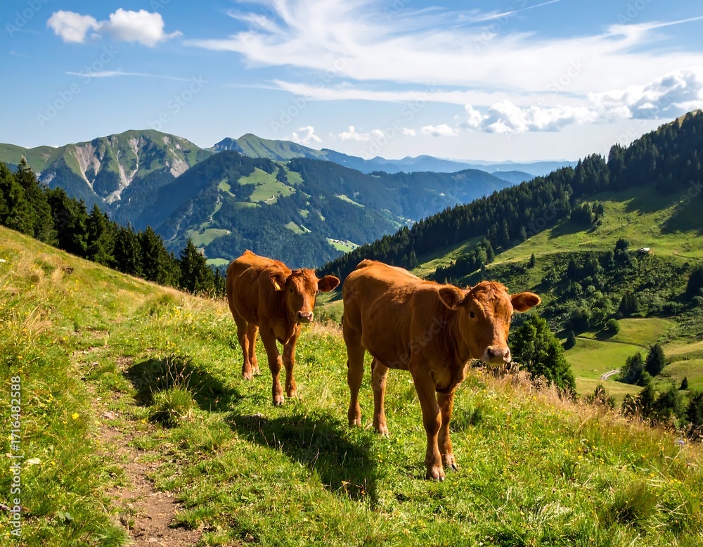 Obraz premium Two brown cows on a grassy mountain slope, overlooking a valley