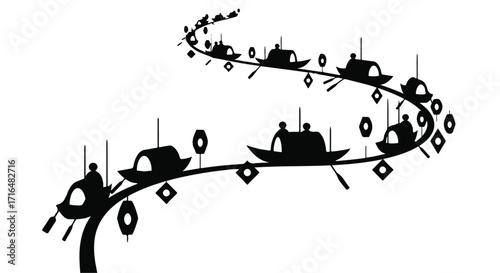 Whimsical procession of silhouette boats along a winding path, evoking a sense of peaceful journey and wonder.