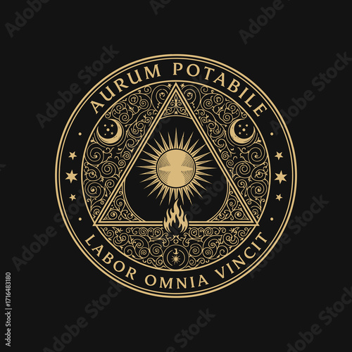 A circular emblem with ornate golden patterns, featuring a sun, a flame, and celestial symbols within a triangle.