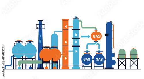Stylized flat vector illustration of a vibrant gas processing plant