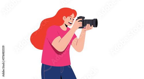 Enthusiastic female photographer capturing images with a professional DSLR camera