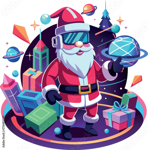 Santa wearing a VR headset, exploring a virtual Christmas world