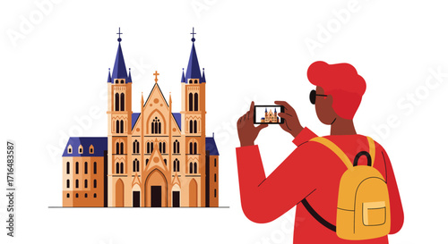 Stylized illustration of tourist photographing cathedral on bright day