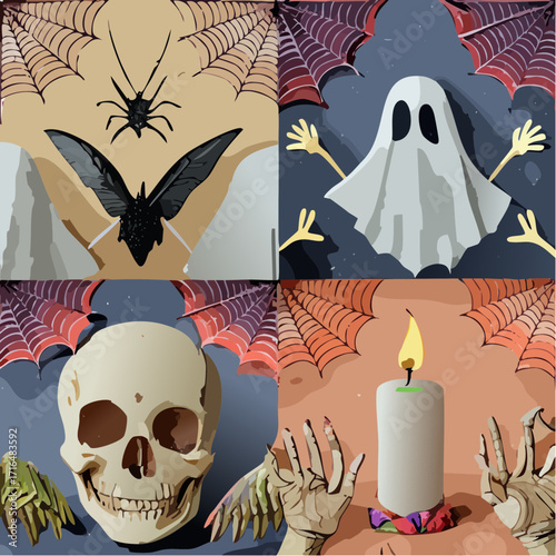 Halloween collage with spider, ghost, skull, and candle.