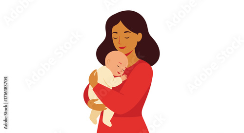 Stylized vector illustration of a mother tenderly cradling her sleeping baby