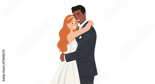 Interracial Newlywed Couple Embrace in Stylized Flat Vector Illustration