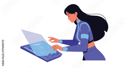 Illustration of a woman interacting with futuristic holographic keyboard device