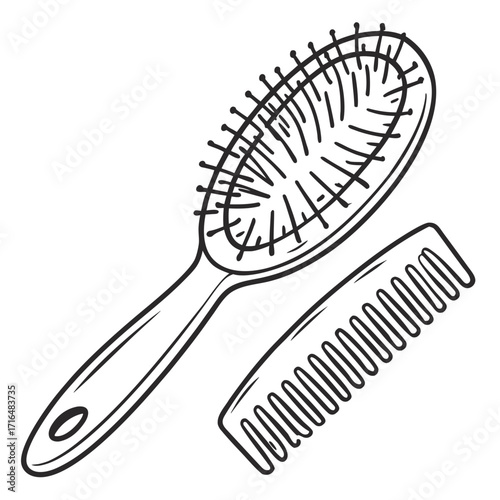 Elegant line art illustration depicting essential hair grooming tools a paddle hairbrush and a fine-toothed comb, perfect for daily styling and detangling routines