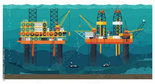 Offshore drilling platforms in a stylized flat vector illustration
