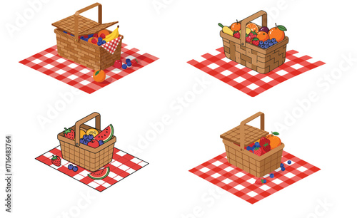 Collection of stylized picnic setups with baskets filled with fresh fruits