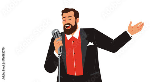 Elegant singer performing on stage with microphone in spotlight illustration